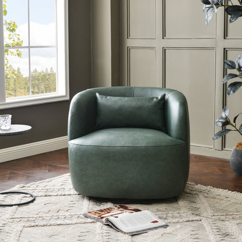 Ashlie Faux Leather Swivel Chair - Green Faux Leather Swivel Chair | Modern Barrel Chairs | Kinwell Furniture | Swivel Accent Chairs